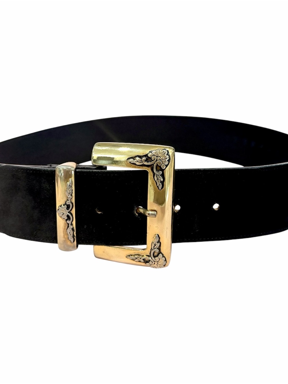 Vintage 90s Express Compagie Internationale Black Suede Gold Baroque Belt